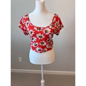 Diva Apparel Floral Crop Top Tie Back Short Sleeve Orange Daisy‎ Print